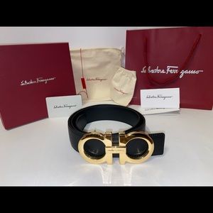 Salvatore Ferragamo / Double Gancini Oversized Buckle / Black leather belt 95cm